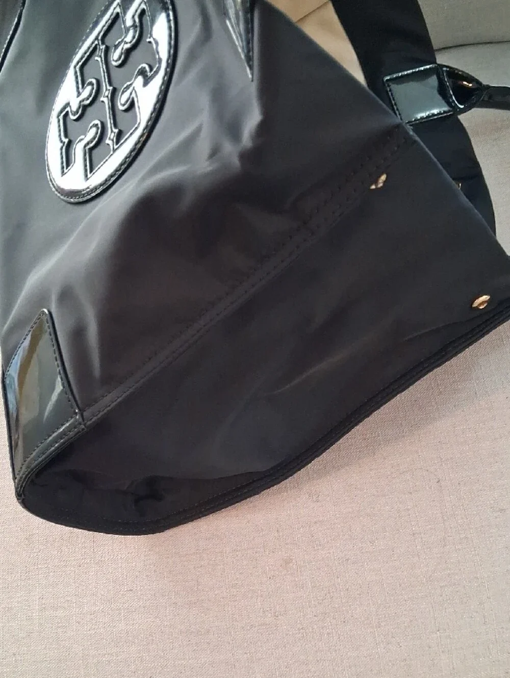 Tory Burch Black Nylon Tote with Patent Trim and Logo